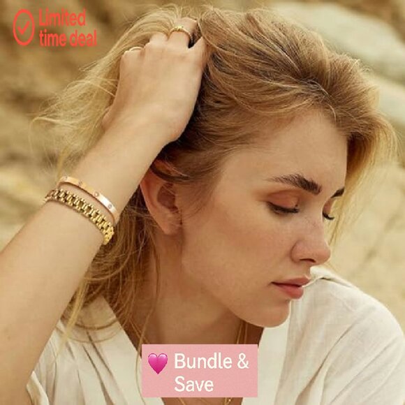 18K Gold Plated Link Bracelet Set, Stainless Steel with Adjust Tool - Picture 3 of 8